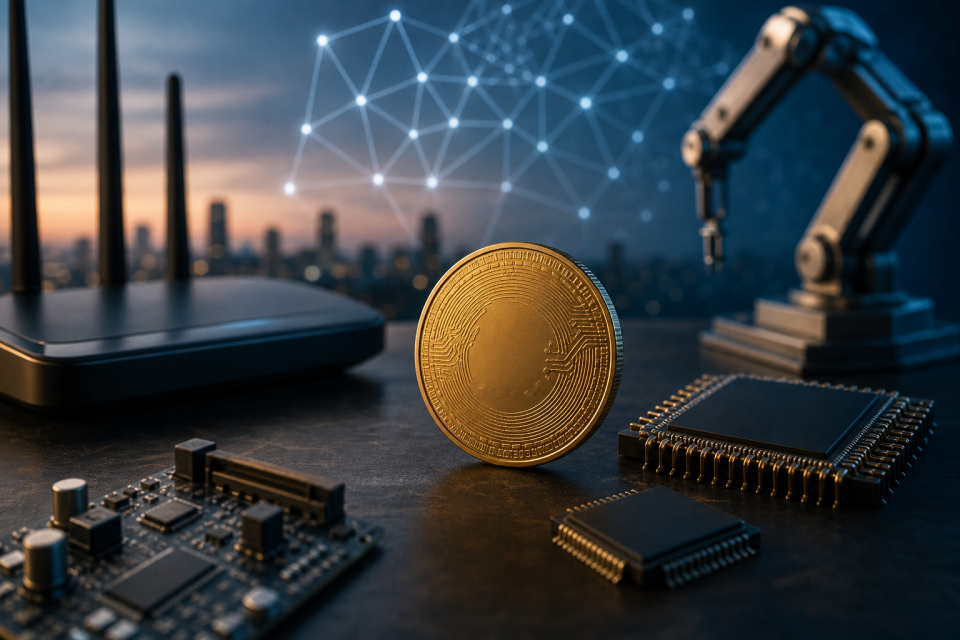 Ilustração editorial de uma empresa de semicondutores reorganizando sua exposição corporativa ao Bitcoin