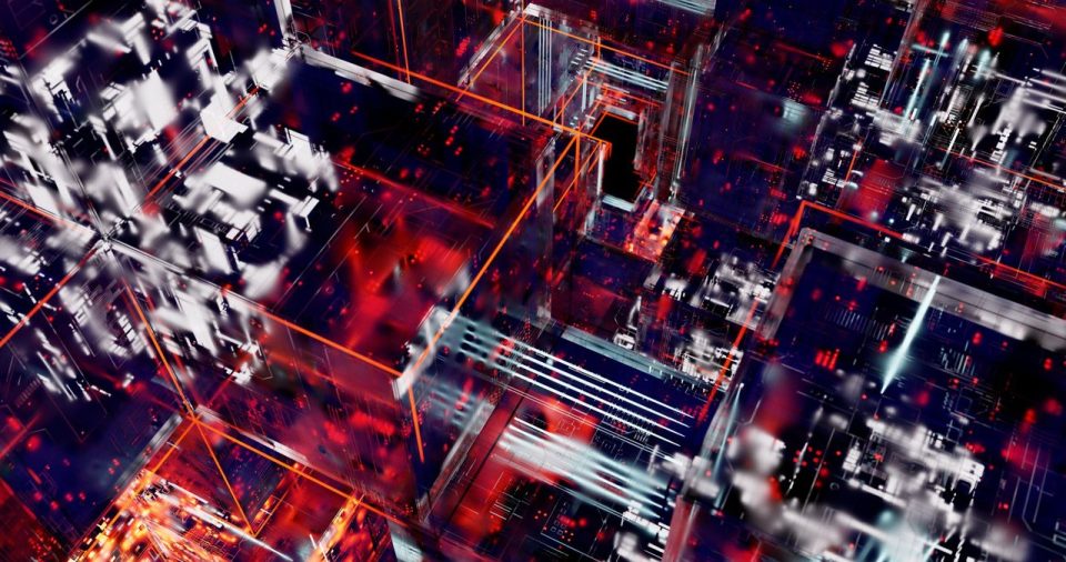 Visualização abstrata de circuitos digitais conectados por linhas luminosas em uma rede tecnológica.