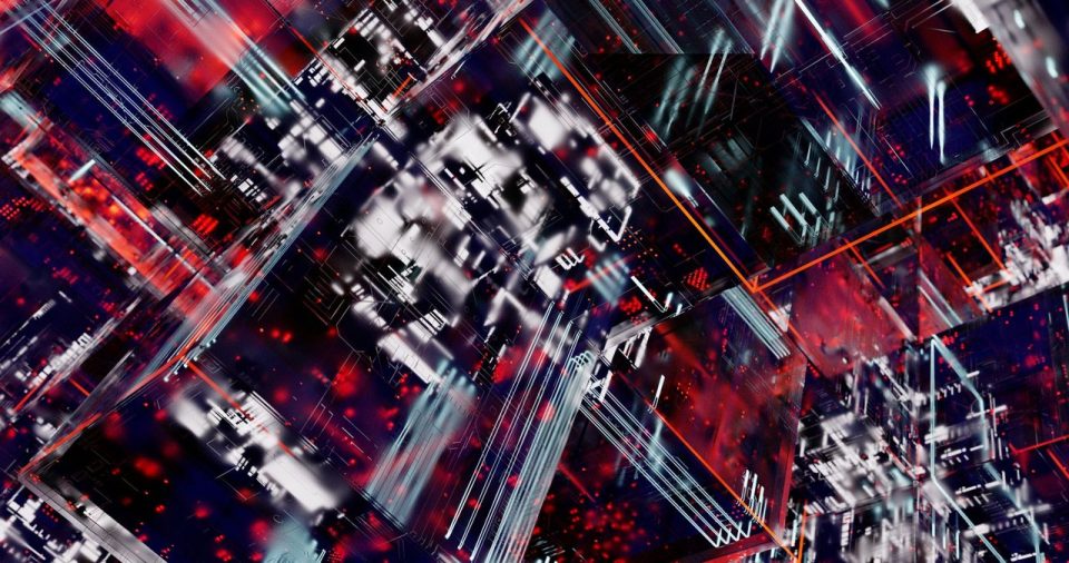 Visualização abstrata de circuitos digitais e tecnologia blockchain em cores vibrantes.